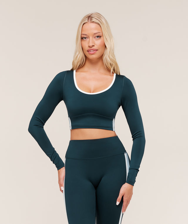 Piping Long Sleeve Crop Top - Deep Petrol Blue/Smoke Blue/Soft White | S